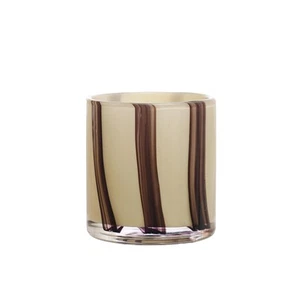 Round Glass Candle Holder/Vase with Stripes, Cream and Purple - Picture 1 of 6