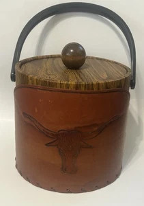 Vintage Texas Longhorns Tooled Leather Wrapped Ice Bucket - Picture 1 of 11