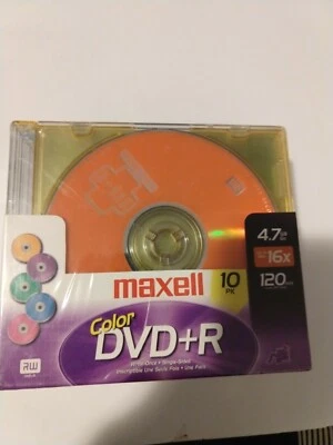 10 Pack Maxell Color CD DVD+R 4.7GB 120Min W/Case Data/Music/Photo NewSeal - Image 1 of 2
