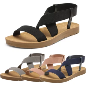 Women Open Toe Elastic Ankle Strap Casual Summer Slip On Flat Sandals Shoes - Picture 1 of 8