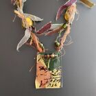 Artisan Necklace Glass Pendant Ribbons Beads 25” Green Earth Tones Handmade