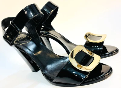 Туфли-лодочки на высоком каблуке ROGER VIVIER лакированная кожа США 10,5-11 Великобритания 9 ЕС 41 золотая пряжка - Изображение 1 из 4