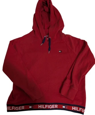 Moletom com capuz esportivo feminino Tommy Hilfiger 2XL logotipo vermelho bandeira pulôver raglan - Imagem 1 de 4