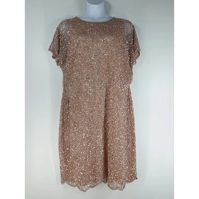 Adrianna Papell 连衣裙女式 22W 粉色串珠亮片珍珠 Midi 紧身正式新品 — 第 1/4 张图片