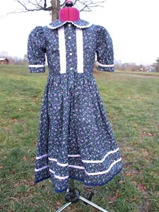 Girls' Pioneer 1800's sz 6/7 Navy/lavender cotton calico Historic T-length dress - Picture 1 of 5