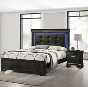3pc Modern LED Light Full Size Panel Upholstery Bed Nightstand Bedroom Set Black - Picture 1 of 6