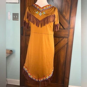 Indian Maiden Costume Fringe Trim Brown Dress Women's S Halloween Costume - Picture 1 of 7