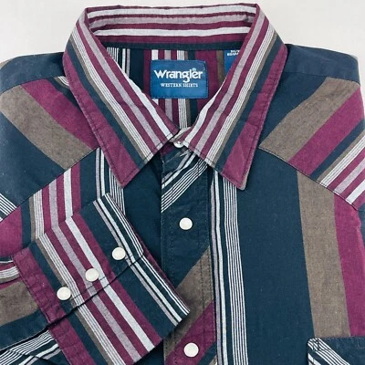 Wrangler Pearl Snap Shirt Western Long Sleeve Mens 3X Big Burgundy Striped - Image 1 of 4