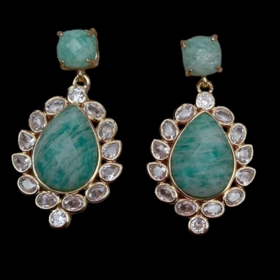 Teardrop Amazonite Dangle Stud Earrings Cz Pave Lady Jewelry Fashion Earrings - Image 1 of 4