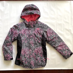 The NORTH FACE Black Gray Pink Hooded FULL ZIP Winter JACKET Girls MEDIUM 10/12 - Picture 1 of 4