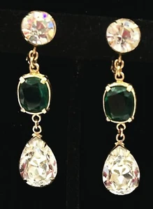 VTG ACCESSOCRAFT  Emerald Green and Crystal RHINESTONE Dangle EARRINGS SIGNED - Picture 1 of 7