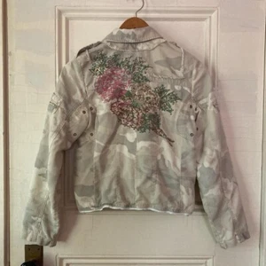 Da-Nang Camo Jacket Beaded Embroidered Beige Y2k Floral Small - Picture 1 of 13
