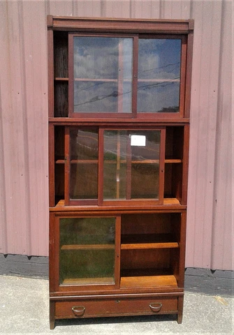 Antique Quarter Sawn Oak 3 Stack Danner Sliding Doors Bookcase w Bottom Drawer Cover