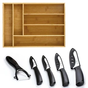 Bio Bambus Schublade 6 Fächer Organizer Tablett Utensilien Aufbewahrung + Keramik Messer Set - Bild 1 von 7
