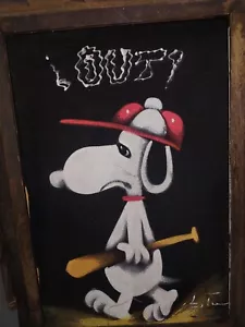 Vintage 70s Charlie Brown Snoopy Baseball Velvet Oil Painting Canvas - Picture 1 of 2