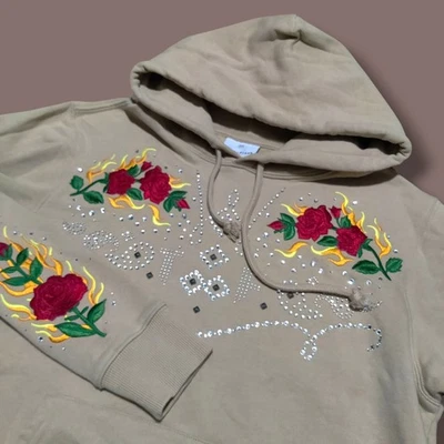 Sudadera con Capucha Teddy Fresh Estrás Bronceada Bordada Tachonada Rosas Llamas Talla Pequeña Foto 1 de 4