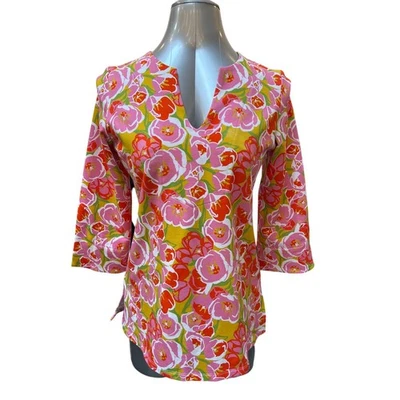 Lesley Evers V Neck 3/4 Sleeve Floral Top Women's Size Medium Cotton Stretch Foto 1 de 4