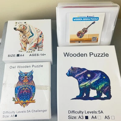 批量 4 件 - 木制拼图 - 吉他、猫头鹰、熊 (2) — 第 1/4 张图片