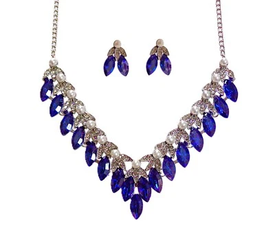 蓝色水晶和白色珍珠项链和耳环套装带侯爵夫人水晶新品 — 第 1/4 张图片