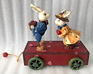 Pull String Rabbits on Platform on Wheels Both Move Back and Forth