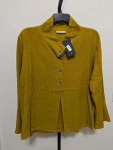 Giacca a tunica Bryn Walker Plus Sabria Agave giallo look a strati lino con bottoni taglia 1X - Foto 1 di 12