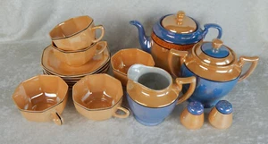 TEESERVICE BLAU UND PFIRSICH GLANZ VINTAGE JAPAN & STEUBENVILLE TEEKANNE SHAKER TASSEN - Bild 1 von 11