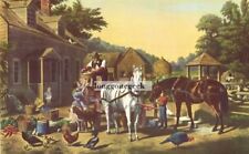 CURRIER and IVES Preparing For Market 1952 Print Horse Cart Turkey Baby Family