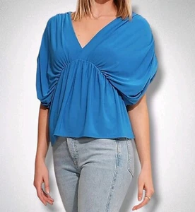 NWT EXPRESS Deep V-Neck Short Sleeve Blouse Blue Draped Peplum Top Size Small - Picture 1 of 9