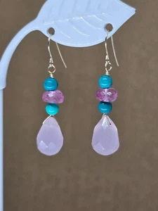 Rose Quartz Briolette Topaz Dangle Earrings 14k Yellow Gold or Sterling Silver - Picture 1 of 8