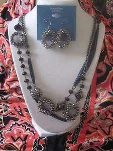 SIMPLY VERA WANG NWT $70 pewter clear stones womens LONG necklace earrings set - Picture 1 of 2