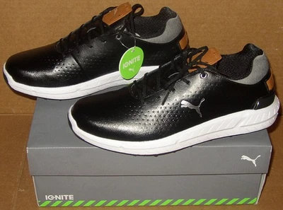 Zapatos de golf PUMA Ignite articulados de cuero impermeables para hombre 9 negros y plateados *NUEVOS* Foto 1 de 4
