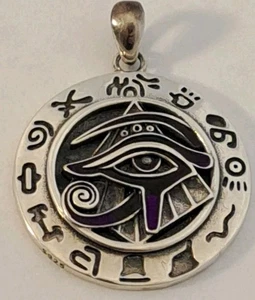 EGYPTIAN Sterling Silver EYE OF HORUS Purple Enamel HIEROGLYPHICS Pendant - Picture 1 of 6