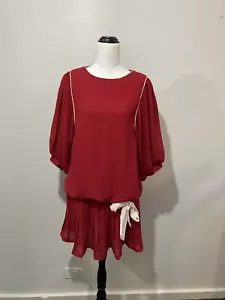Vintage 80s School Girl style red dress Puffy Sleeves Pleated Skirt Bow S - Picture 1 of 19