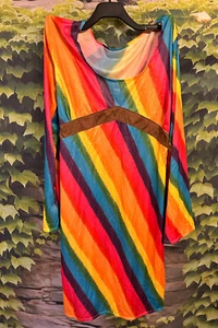 Buntes Hippie-Kleid + Jacke / 70er Jahre Kostüm – Regenbogenfarben Gr. L - Bild 1 von 9