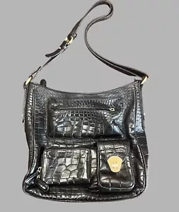 Brahmin Leather Black Shoulder Bag Croc Embossed Purse - Picture 1 of 13