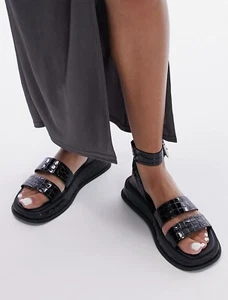Nuovo.! Sandali Topshop Grace Slide taglia 7 croc texture platform neri cinturino alla caviglia - Foto 1 di 5