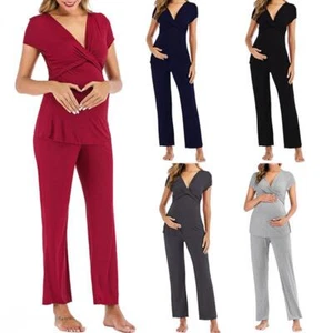 Pregnant Women Layered Maternity & Nursing Pajama Capri Set V Neck Spandex - Picture 1 of 16