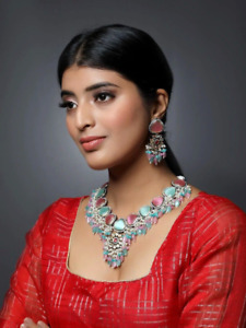 SILVER PEARL CHOKER NECKLACE EARRINGS SET PAKISTANI INDIAN BOLLYWOOD JEWELRY NEW