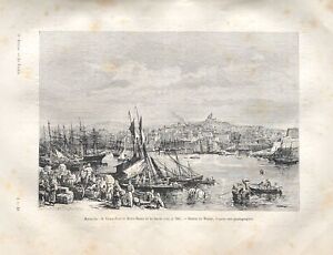 GRAVURE (v. 1880) Marseille: le Vieux-Port et Notre-Dame de la Garde PROVENCE 