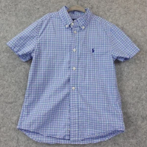 Ralph Lauren Boys Gingham Poplin Shirt 7 S Blue Pony Tattersall Plaid Stretch - Picture 1 of 15
