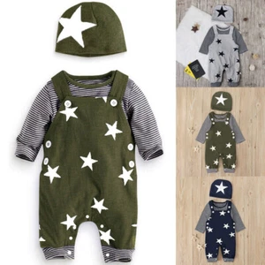 Toddler Kids Baby Boys Girls Outfits Star T-shirt Straps Pants Hat Clothes Suits - Picture 1 of 18