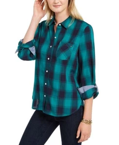 Tommy Hilfiger Womens Navy Green Plaid Button Up Roll Tab Sleeve Shirt Small NWT - Picture 1 of 15