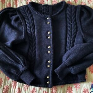 Vintage  Austrian Pure Wool Handknitted Cardigan Dark Blue ,puffed Sleeves .