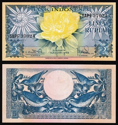 Indonesia 5 rupiah 1959 Yellow Flower & Kolibri Birds P65 Prefix 5APF UNC - Image 1 of 4