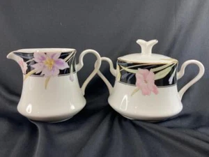 MIKASA Charisma Black L9050 Deco Floral Gold Trim Sugar & Creamer Set - Picture 1 of 11