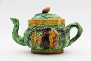 1900s Portuguese Palissy Ware Faux Bois Hunting Tea Pot, Antique - Picture 1 of 12