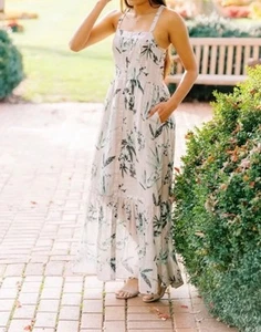 Banana Republic gesmoktes ärmelloses Maxi grün Blumendruck Kleid M Tall Neu mit Etikett - Bild 1 von 15