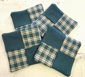 4 Primitive Green Plaid Homespun Fabric Coasters Square Candle Mats - Picture 1 of 5