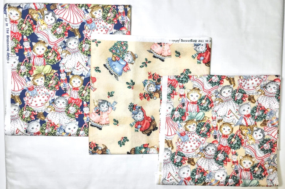 Lote de 3 ea 1/2 yd longitudes DE COLECCIÓN GATITO PEPINO NAVIDAD Colección tela ¡NUEVO! Foto 1 de 4