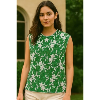 Vtg Swifty Sequin Hand Sewn Top , Beaded ,silk lining with bead trim size S/M - Image 1 of 4